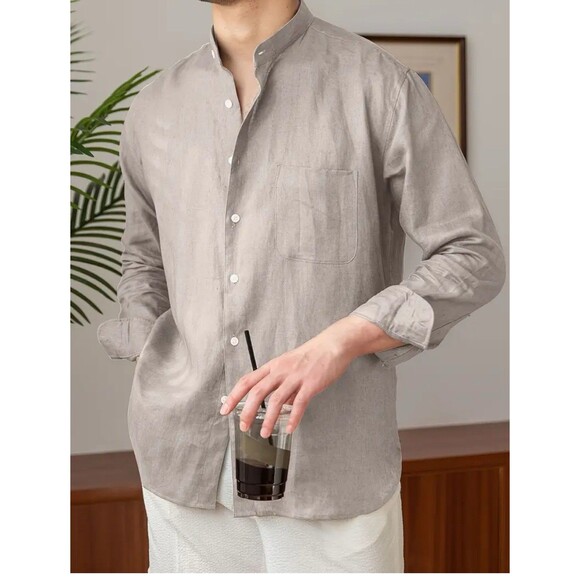 Men’s Linen Long Sleeve Shirt No Brand Beige Casual Lightweight Button Down S - Picture 1 of 10